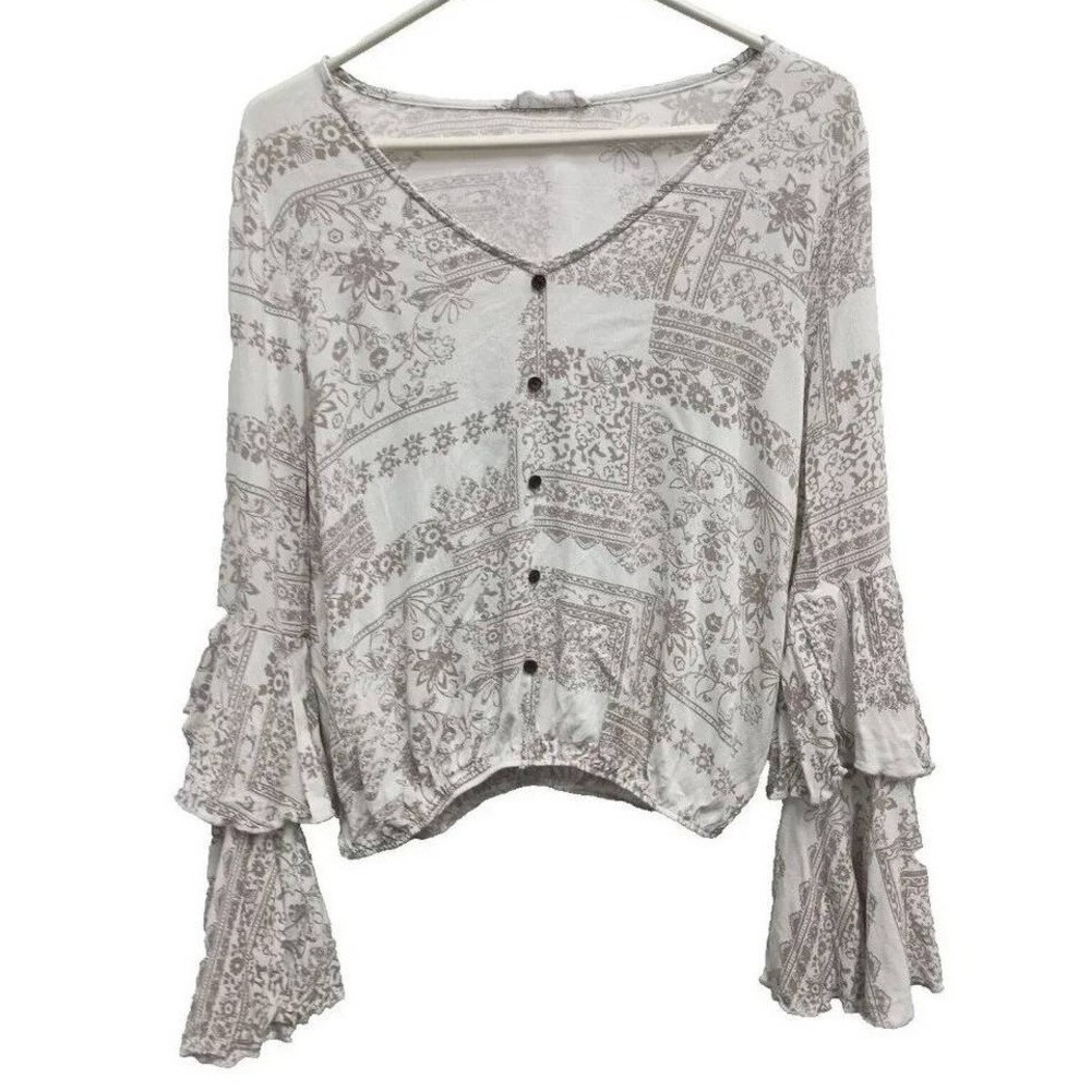 Bucketlist Boho Bell Sleeve Top Womens Small White Gray Floral Long Sleeve